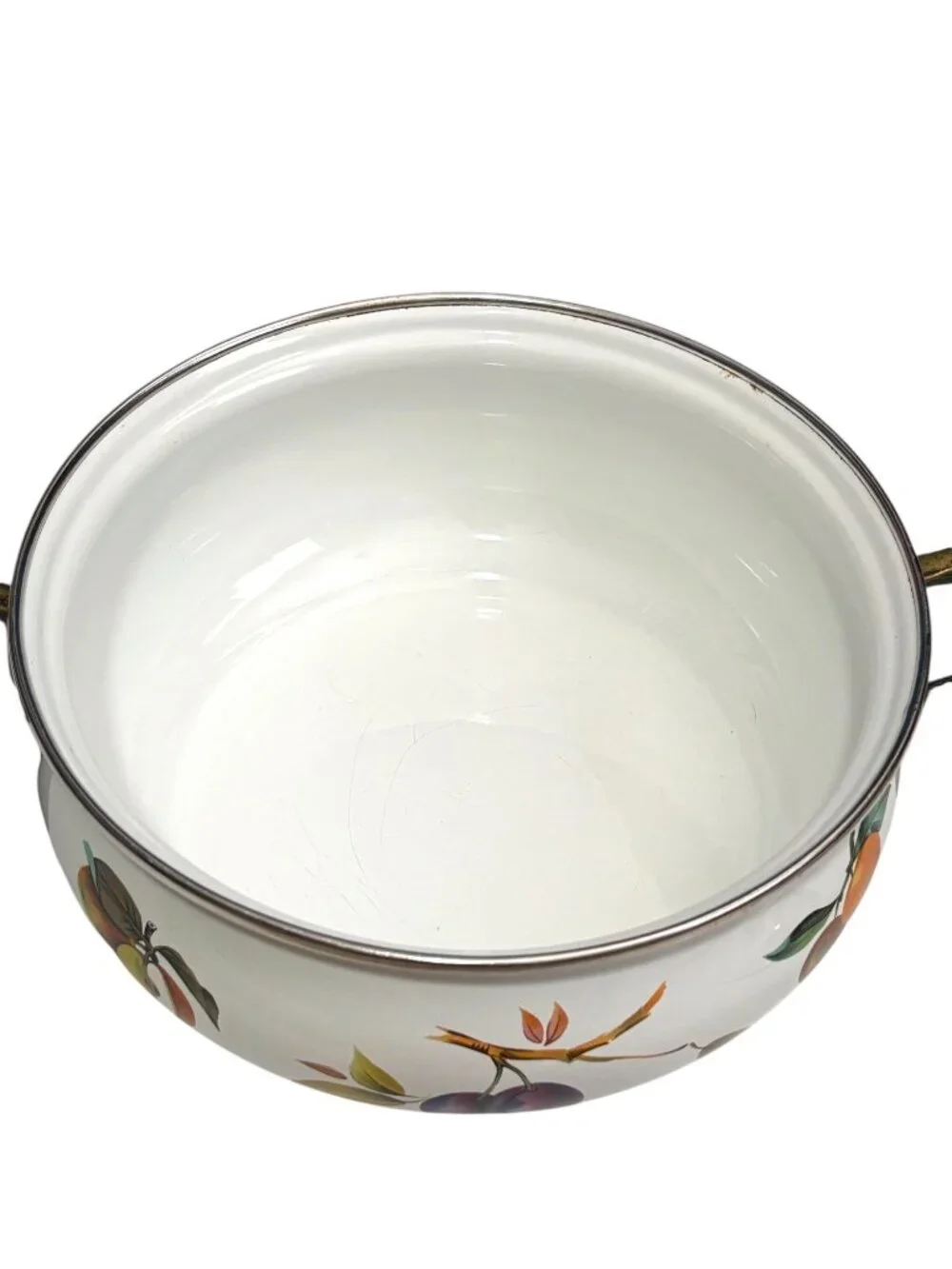 Vintage Enamel Fruit Motif Casserole Dish With Lid & Brass Handles